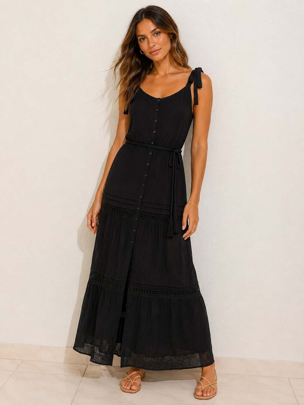 Mila Mae Women's Black Button-Front Tiered Maxi Dress with Lace Insets